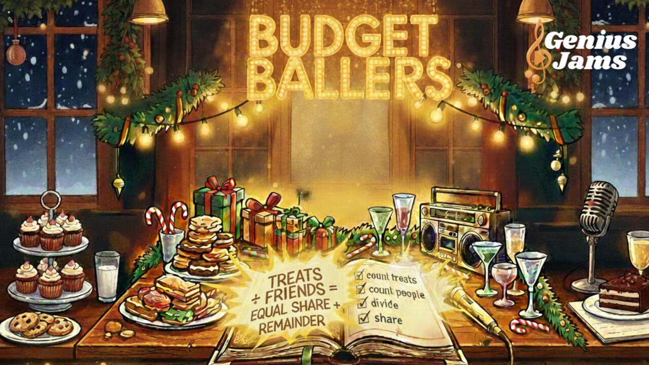 Budget Ballers holiday scene with treats, a boombox, and an open book explaining: Treats ÷ Friends = Equal Share + Remainder.